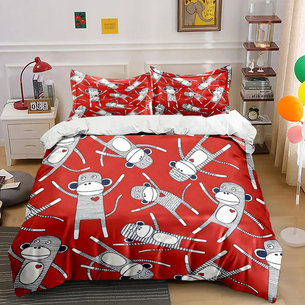 Cartoon monkeys on red background Print Bedding Set 1 Duvet Cover 2 Pillowcases for Adult and Children Luxury Gift Full Size