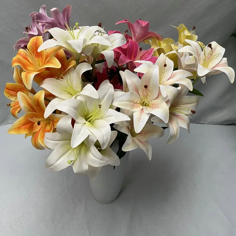 4Pcs/ Artificial Flowers 9 Head Lily 3D Printing Fake Flowers Bridal Bouquet Wedding Floral Party Table Home Decoration Ornament