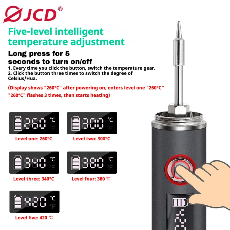 Saldatore USB tipo C, 5 velocità 260~420 ℃   Penna elettrica portatile regolabile con punta sostituibile per riparazioni fai-da-te/elettroniche