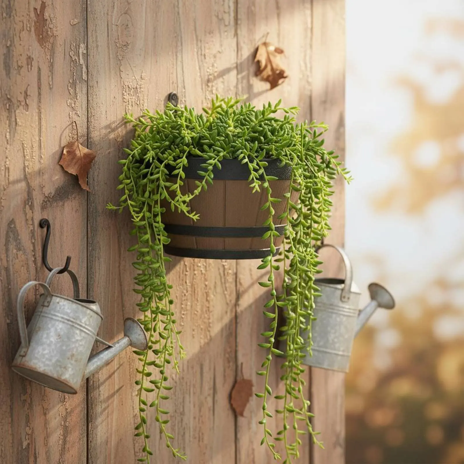 

Resin Hanging Flower Pot Thickened Wood Barrel Hanging Planter Outdoor Decor Weather Resistant Textured Finish for Balcony