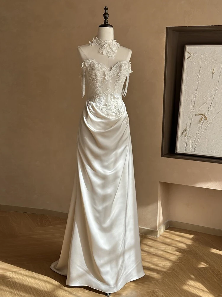 

Элегантное кружевное свадебное платье в винтажном стиле без бретелек, с богатой вышивкой, из атласной ткани, длиной в пол, для свадьбы