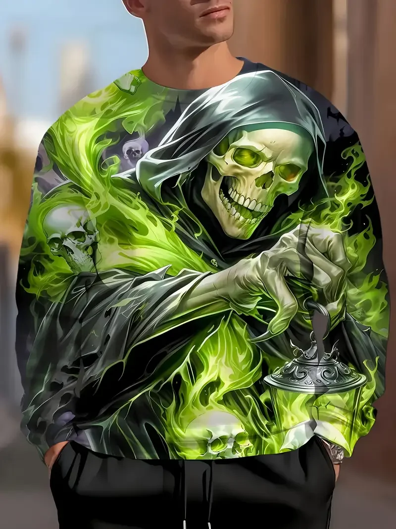 الفن ثلاثية الأبعاد مطبوعة لهب الجمجمة نمط رجل سترة كول العصرية البلوز الخريف الشارع طويلة الأكمام س الرقبة هوديس Y2k ملابس رجالي