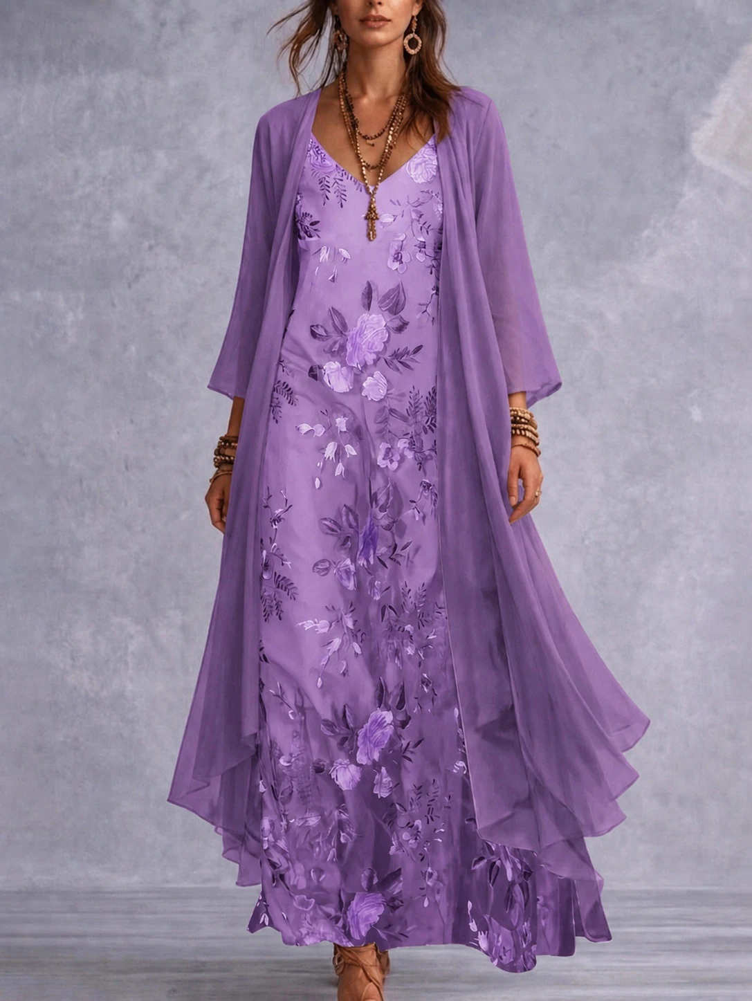 Frühlings- und Sommerkleid für Damen in Übergröße, elegant, im ländlichen Stil, mit Blumenmuster, Camisole-Kleid mit V-Ausschnitt, Dreiviertelärmeln und halbtransparenter Sonnenschutz-Strickjacke, langes zweiteiliges S – Detail 4