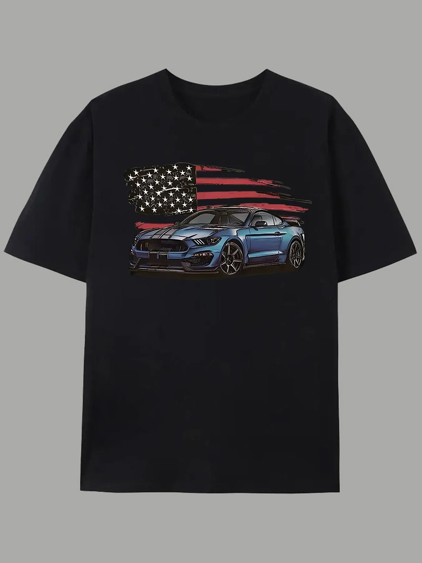 

Men's Patriotic American Flag & Sports Car Graphic T-Shirt - Summer Casual Short Sleeve Round Neck Tee, Breathable Regular Fit,