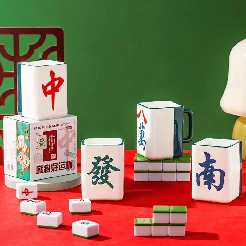 Mahjong shape good luck ceramic cup personalized creative chess room mug Guochao New Year's gift coffee water cup