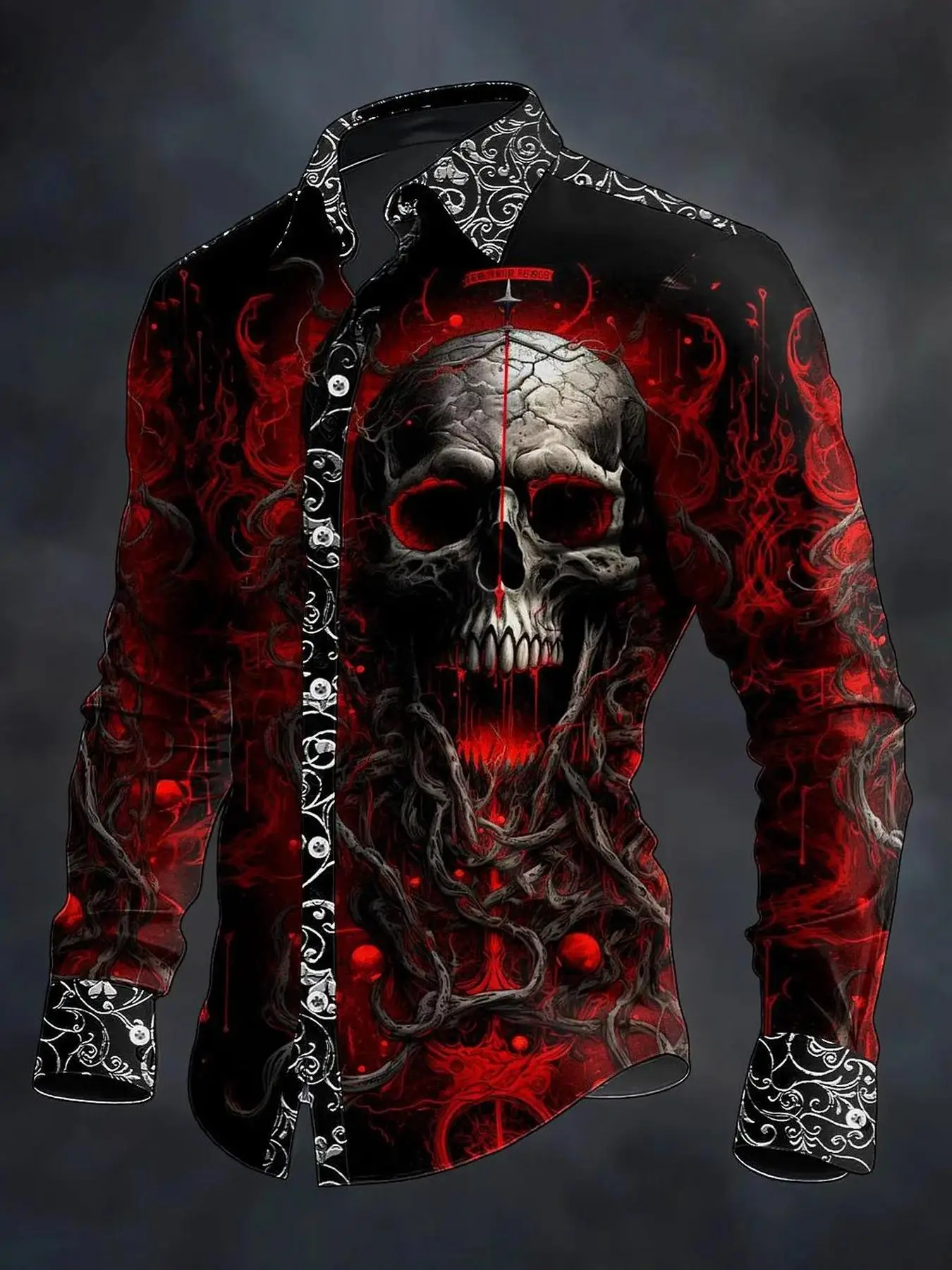 

2026 Halloween Men's Skull Flame Halloween Costumes Shirt Button Up Shirt Long Sleeve Shirt Gothic Style Tops Fall Winter