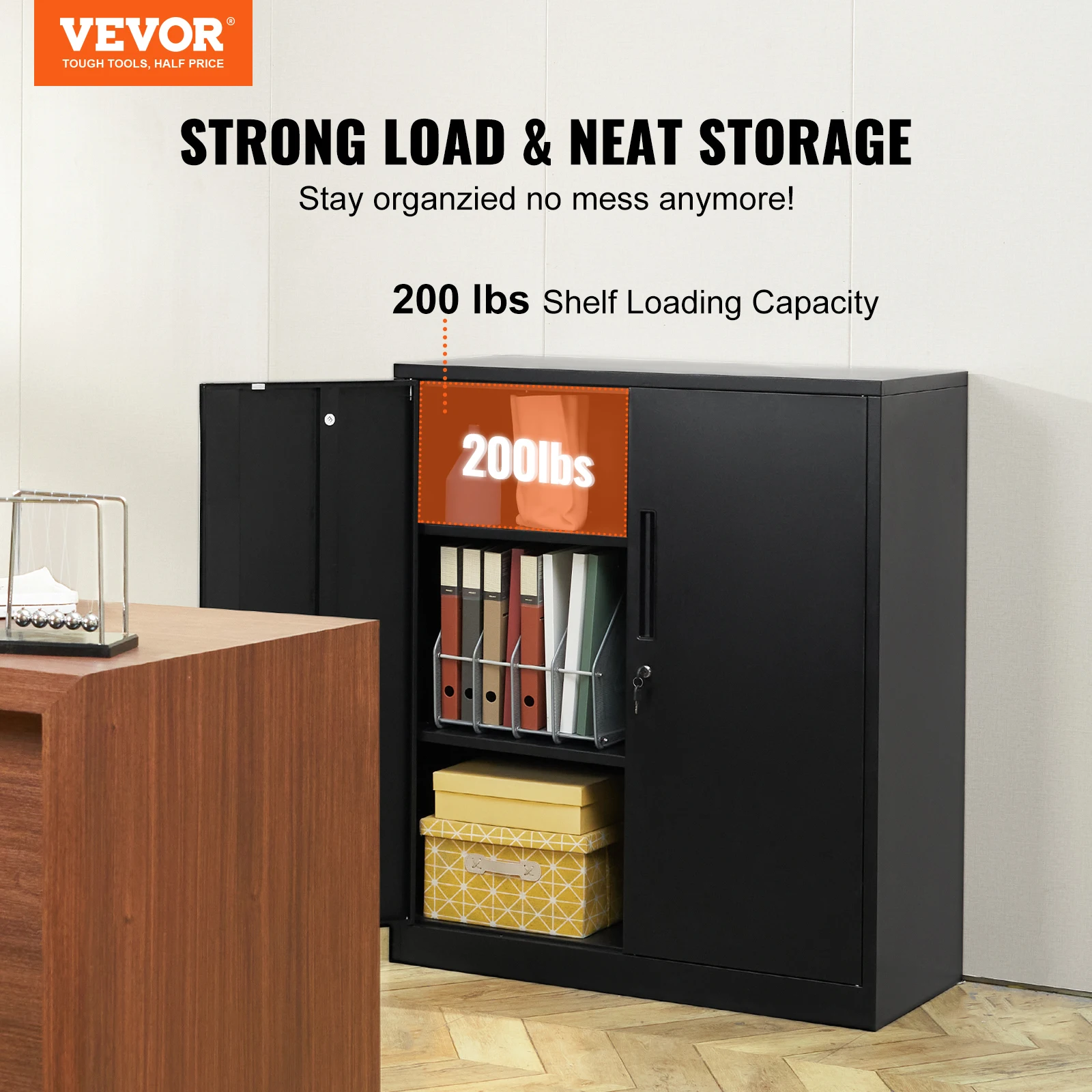 VEVOR 42'' Metal Storage Cabinet w/2 Magnetic Door & 2 Adjustable Shelf, 200lbs Capacity per Shelf,Locking Steel Storage Cabinet