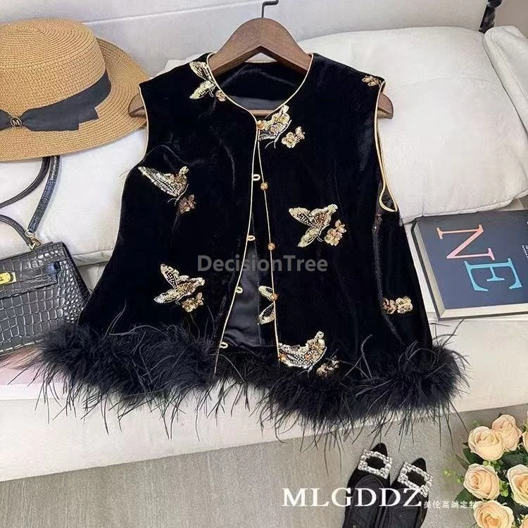 

2025 fashionable butterfly sequin design velvet vest retro chinese style elegant lady daily vest high end temperament singlet