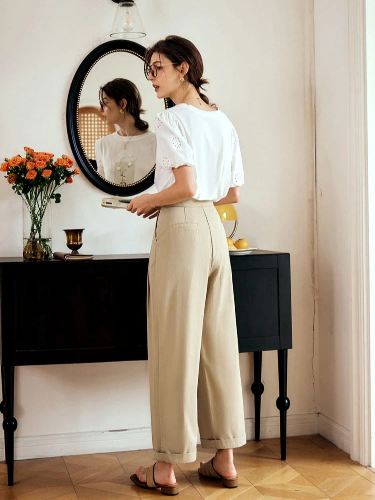 OLrain الصيف الكاكي سراويل تقليدية للنساء 2025 موضة فضفاضة عالية الخصر السراويل 100% القطن ركاب سراويلي حريمي O24XK82656 #4