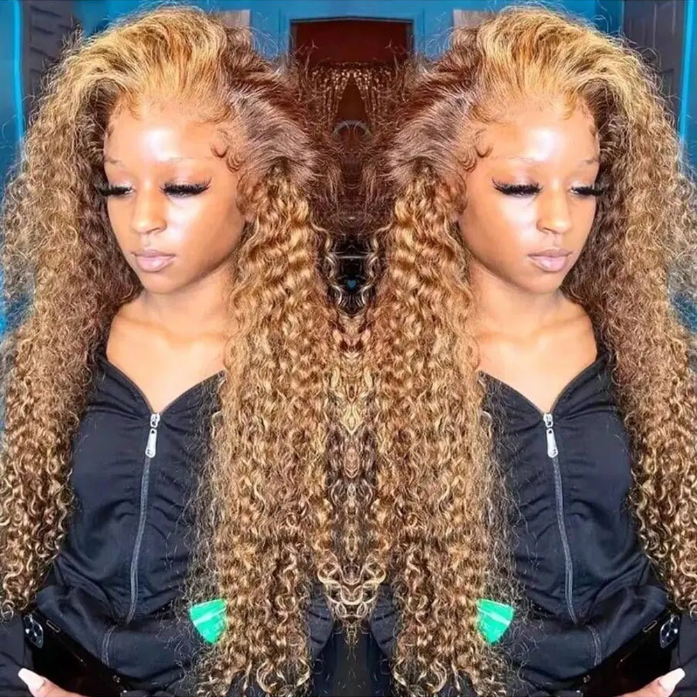 13x6 하이라이트 인모 딥 웨이브 40인치 HD 레이스 프론트 인모 가발 200% 밀도 4/27 옴브레 브라운 블론드 레이스 프론트 가발