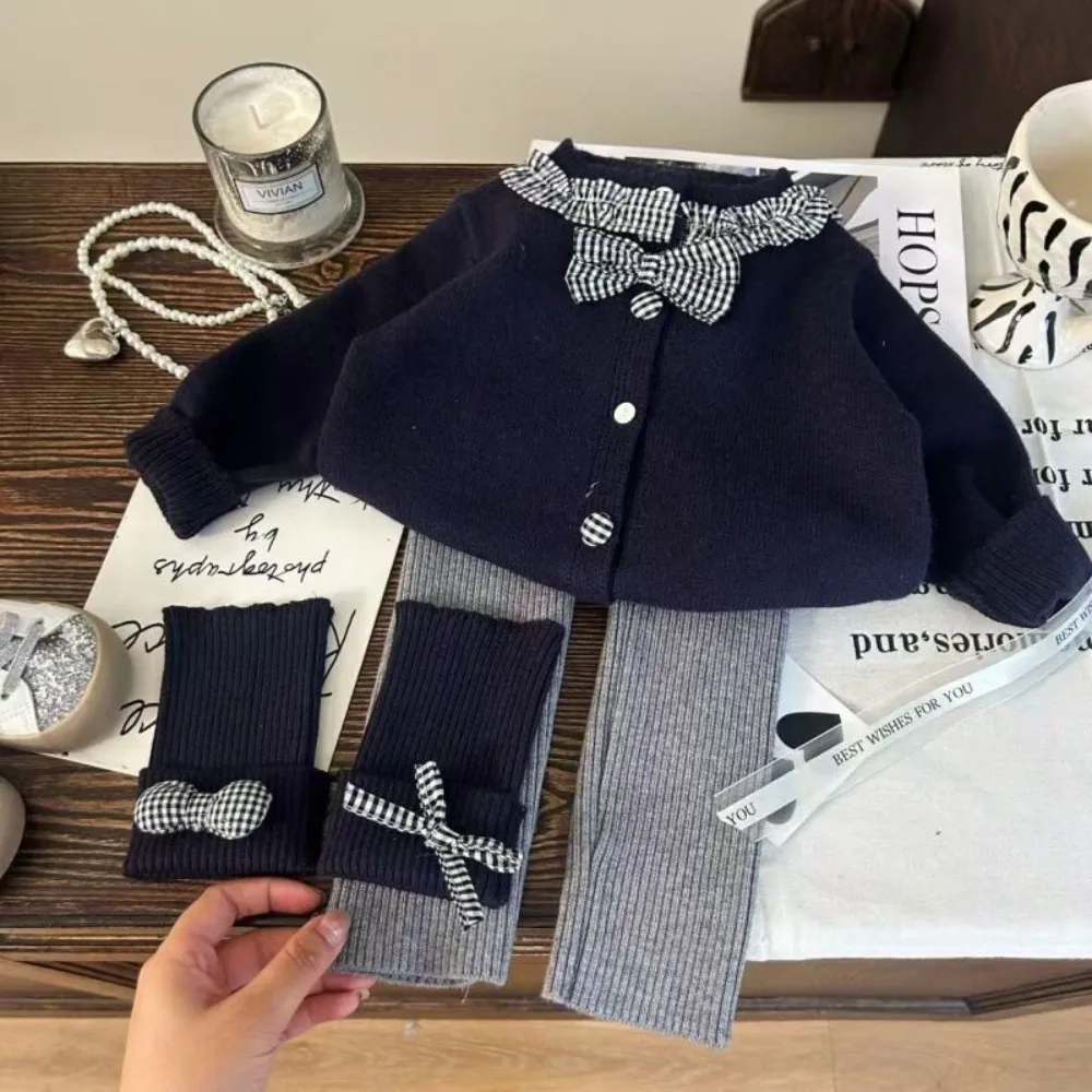 خريف جديد عصري الشارع نمط منقوشة الربط سترة بأكمام طويلة سترة + ربطة القوس فيونكة طماق قطعتين مجموعة للفتيات #4