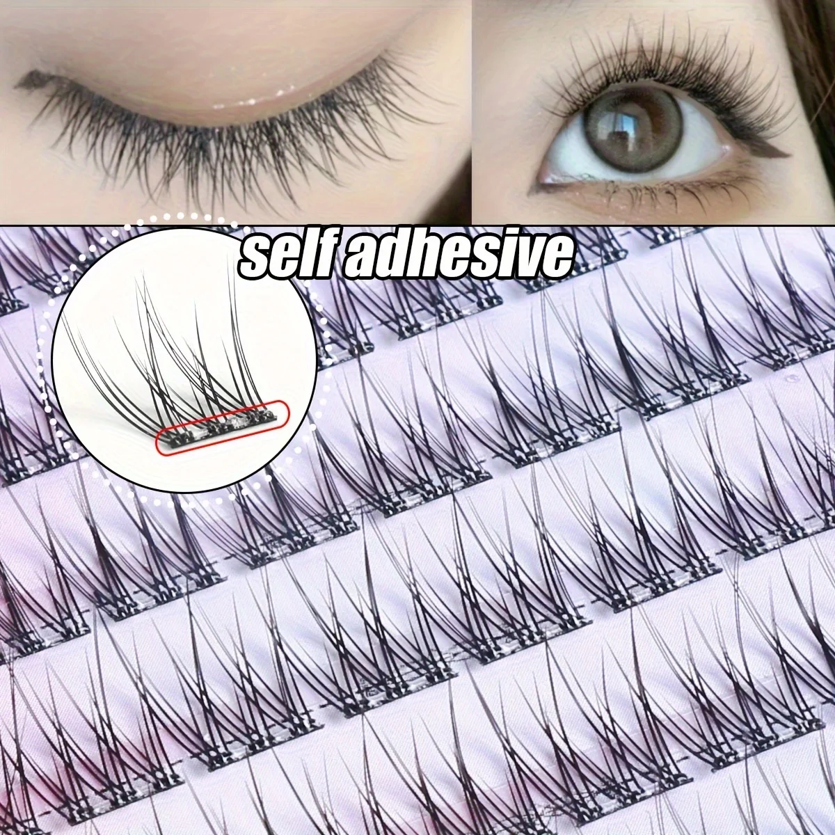 110PCS Self-Adhesive Eyelashes Triple Fish Tail Style Extremely Fine Black Stem False Lashes Clear Transparent Natural Look