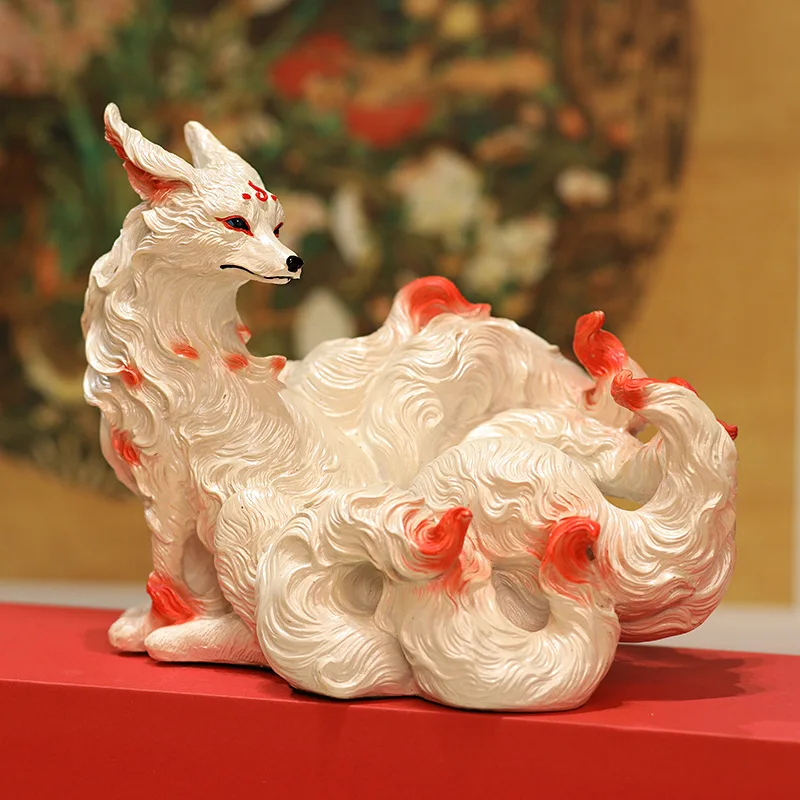 Nine-Tailed Spirit Fox Resin Figurine Mystical Fox Shrine Statue Oriental Desktop Ornament Creative Home Decor Fox Lovers Gift