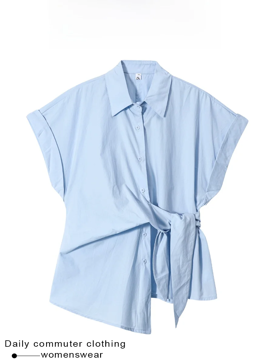 Coshehkg Casual Style Women's Short Shirt Waist Cinched Uneven Tied Summer New Loose Slimming Versatile Top French Style ...