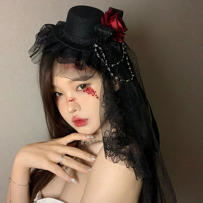 Готическая шифоновая роза, черно-белая женская шляпа в стиле ретро, темная цепочка для свадебной вечеринки, Хэллоуина, косплея, вампира, роскошная шляпа, модные вещи