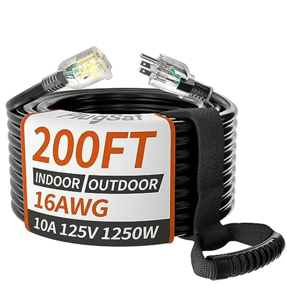 200 ft Outdoor Black Waterproof Extension Cord 16 Gauge Flexible 3 Prong Heavy Duty Cold Weatherproof Flame Retardant Safety