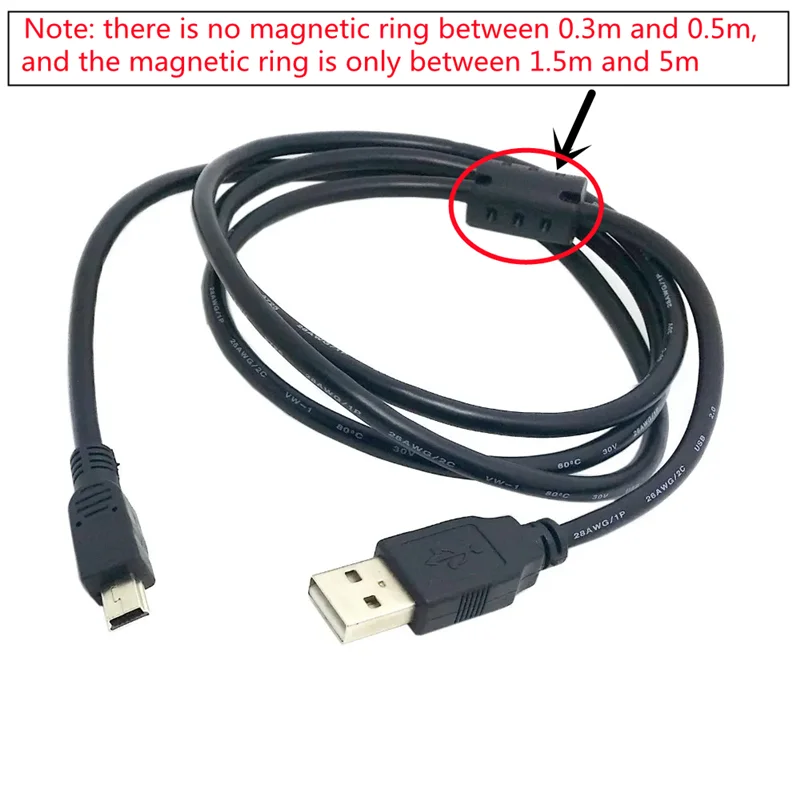 0.3m 0.5m 1.5m 3m 5m USB 2.0 macho para Mini B 5pin masculino Hard Disk Mobile phone Camera cabo com nucleo de Ferrite