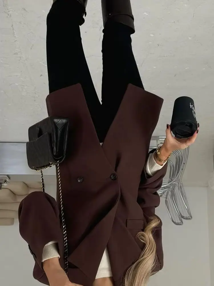 

HH Women New Fashion Double Breasted Long Sleeve Hem Slit Blazer Female Simple Commuter Versatile Casual Waist Slim Jacket Mujer