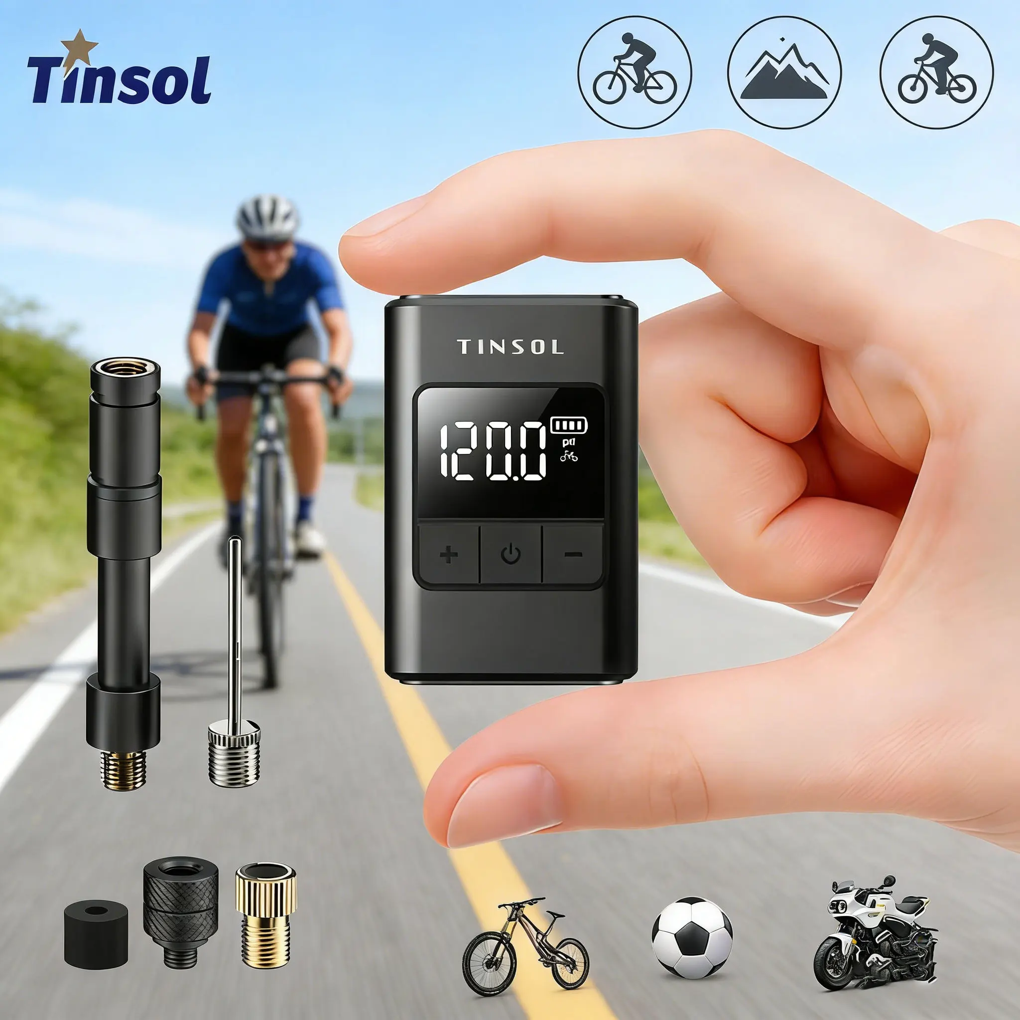 TINSOL Bomba de Aire Eléctrica Portátil Inalámbrica de 120 PSI para Bicicletas, Apta para Autos, Motocicletas, Bicicletas y Balones