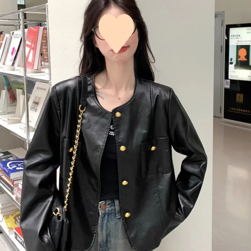 Novo em casacos jaquetas mulheres estilos curtos primavera novo estilo coreano em torno do pescoço único breasted bolsos emendados jaqueta de couro do plutônio