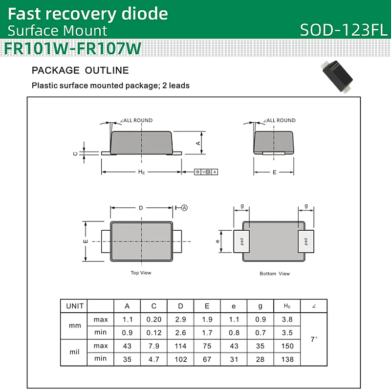 50pcs/lot Fast recovery diode SOD-123FL FR101W FR102W FR103W FR104W FR105W FR106W FR107W E1D E1G E1J 50 to 1000 Volts 1.0Ampere