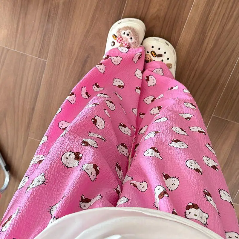 

Sanrio женские пижамные штаны с принтом Hello Kitty, пижамные штаны, большая версия, штаны Scimitar, широкие летние прямые свободные брюки-трубы