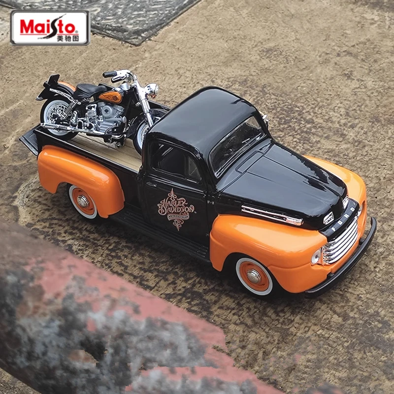 Maisto 1:24 Harley Version 1948 Ford F1 Pickup + Motorcycle Alloy Car Model Diecasts Metal Off-road Vehicles Car Model Kids Gift