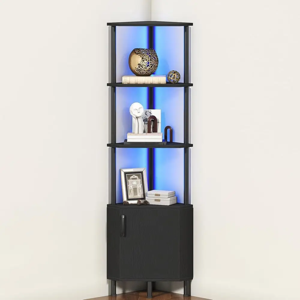 

Black 5-Tier Corner Bookshelf with LED Light and Storage, 59 Tall, for Living Room and Kitchen