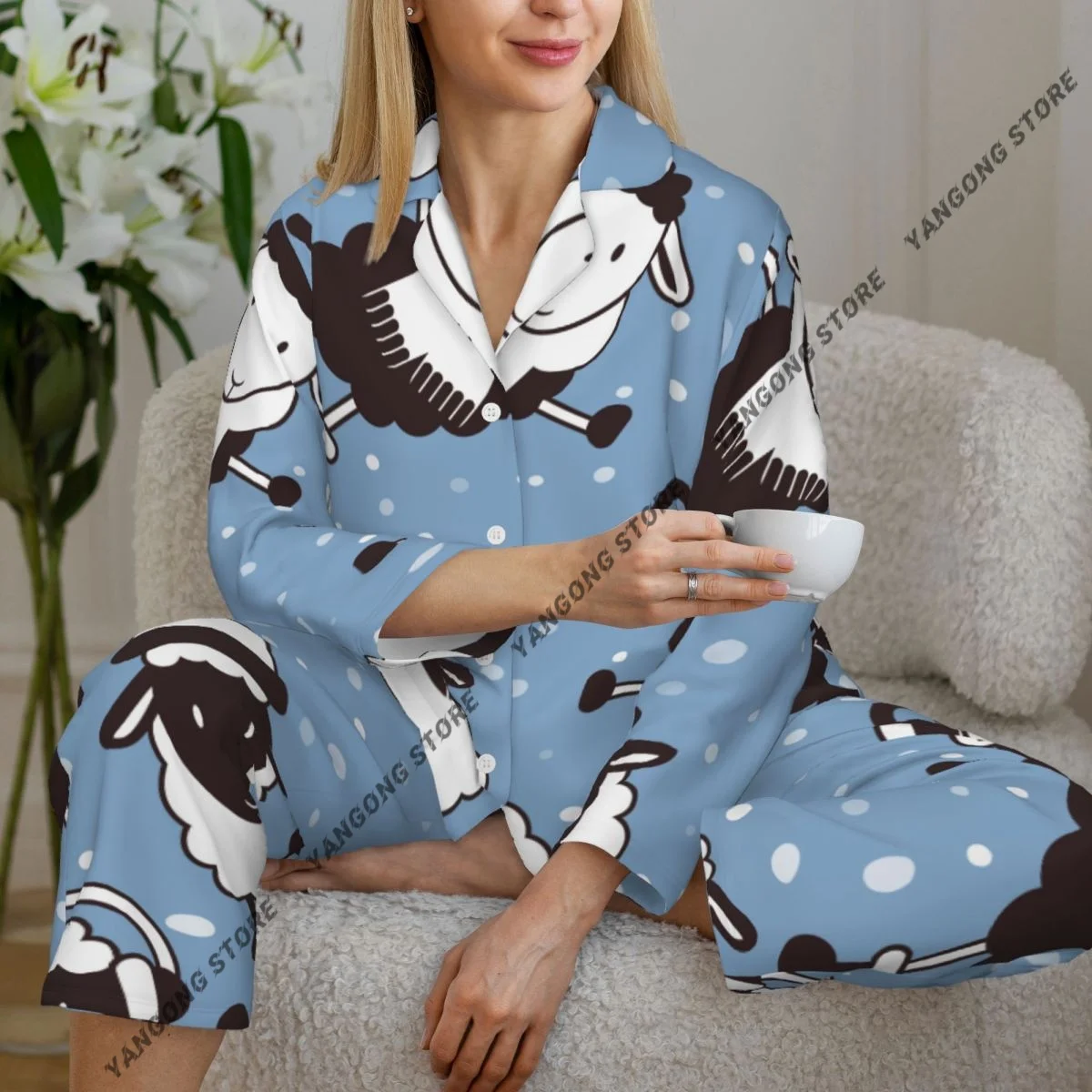 

Spring and Autumn Pajama Set Women's Long Sleeve Pants Two Piece Christmas Cute Sheep Pattern Home Furnishing Set