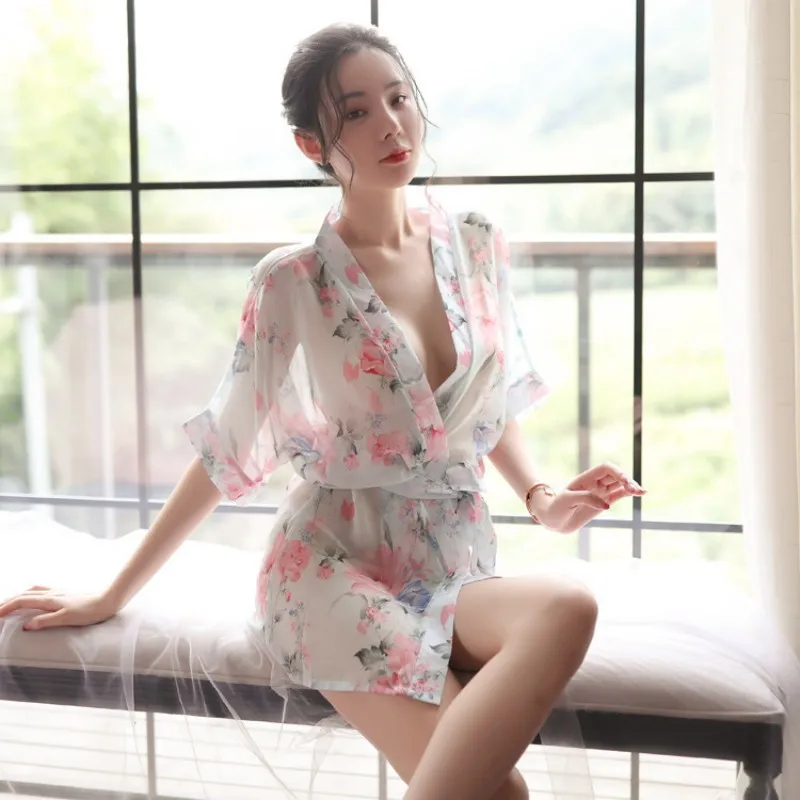 

Sexy Adult Female Lingerie Tempting Soft Pajamas Japanese Style Chiffon Printed Cardigan Kimono Transparent Romance Nightgown