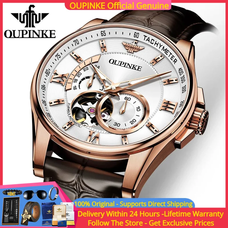 

OUPINKE 3222 Men's Watch Skeleton Luxury Imported Movement Men Mechanical Watch Genuine Leather Sapphire Mirror Waterproof Watch