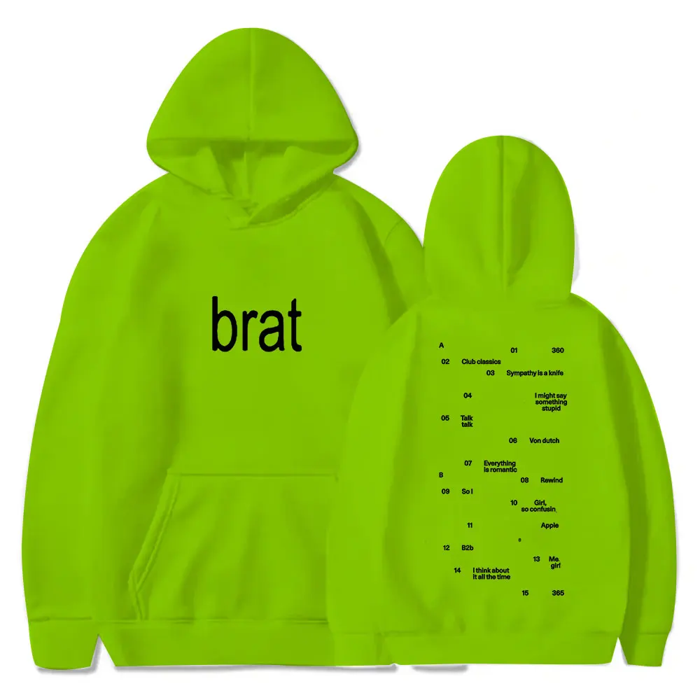 Charli XCX Brat Tracklist Hoodies 2024 Tour Logo Long Sleeve Sweatshirts Unisex Fashion Casual HipHop Streetwear