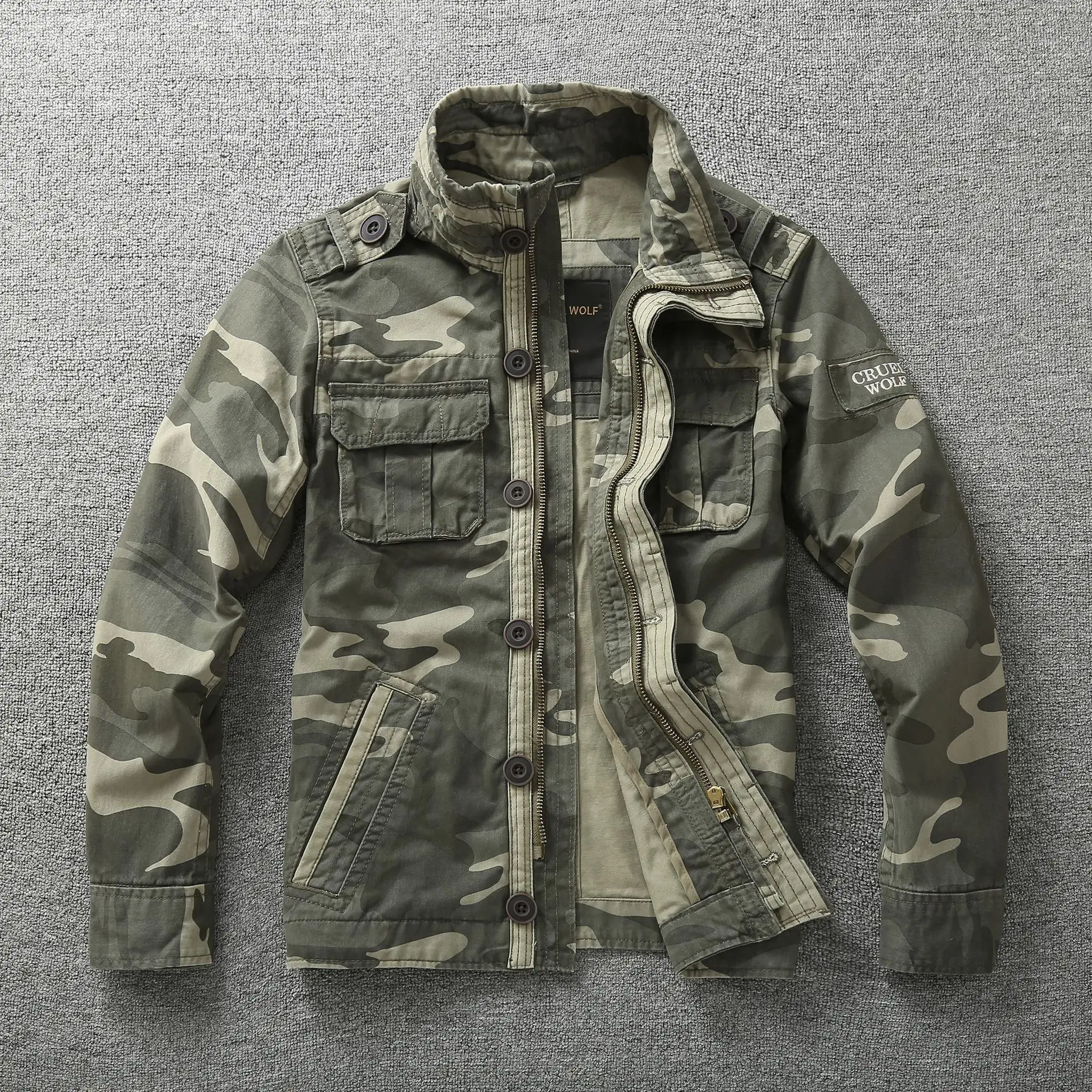 Jaket Denim pria, jaket Denim Retro kargo berkerudung luar ruang Multi saku Camo atasan Lapangan kasual mode mendaki mantel seragam