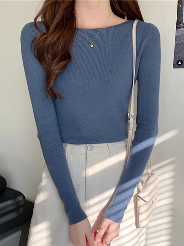 2026 Winter Frauen strickwaren Pullover Slash Neck Dünne Gestrickte Pullover chic Grund Solide Jumper Weibliche Pullover Casual Jersey Tops