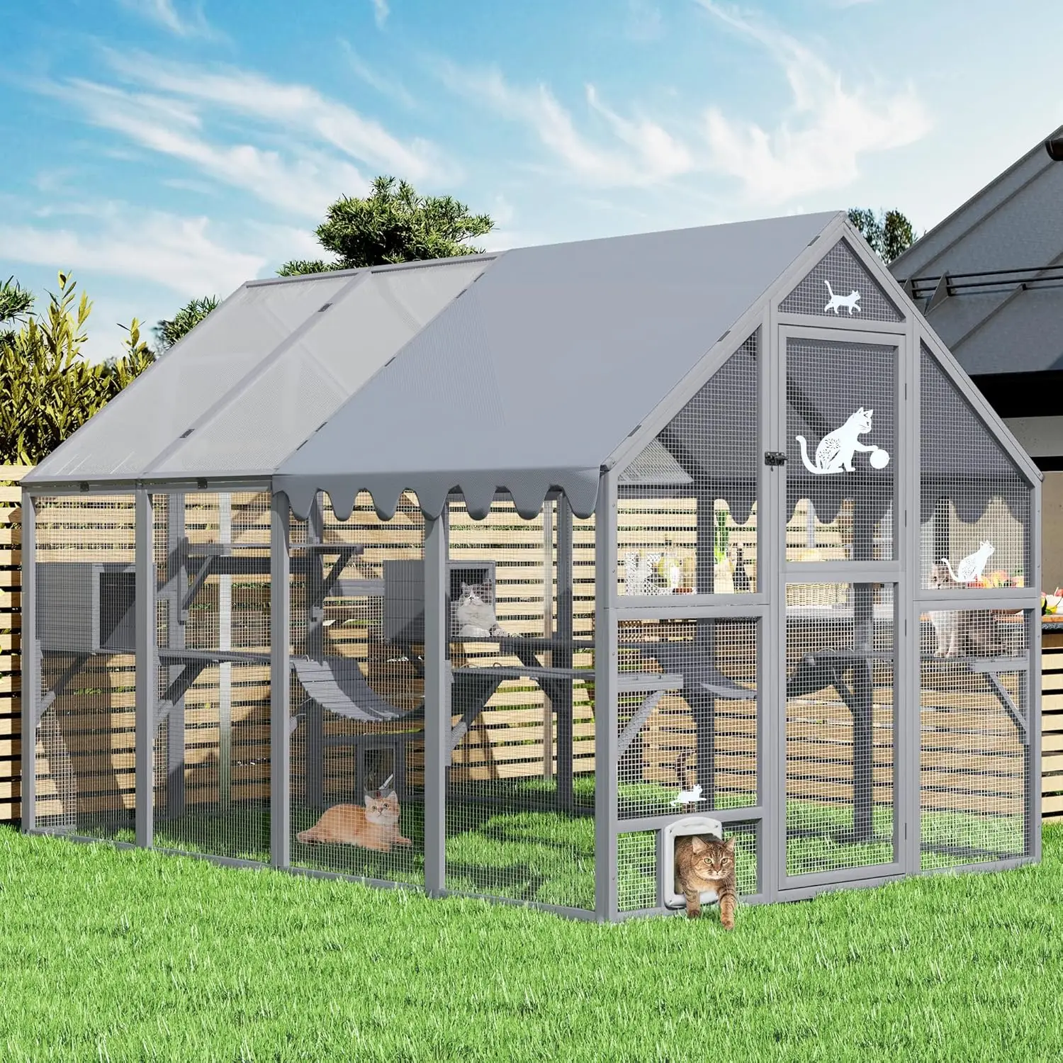 

110" Large Catio Outdoor Cat Enclosure, 53.5ft² Cat Run for Multiple Pets with Fully-Coverd Roof, Window Walk-in, Customized