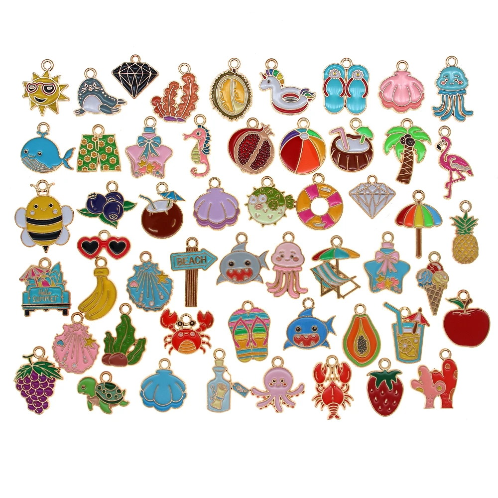 10pcs/lot Ocean Beach Vacation Slippers Lounge Chairs Swimming Ring Fruit Enamel Alloy Pendant Charms Jewelry Accessories XL1750