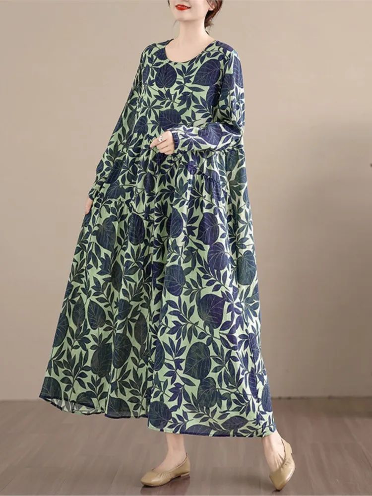 Abito autunnale oversize da donna fiore floreale moda cotone lino abiti da donna abito casual allentato pieghettato con volant