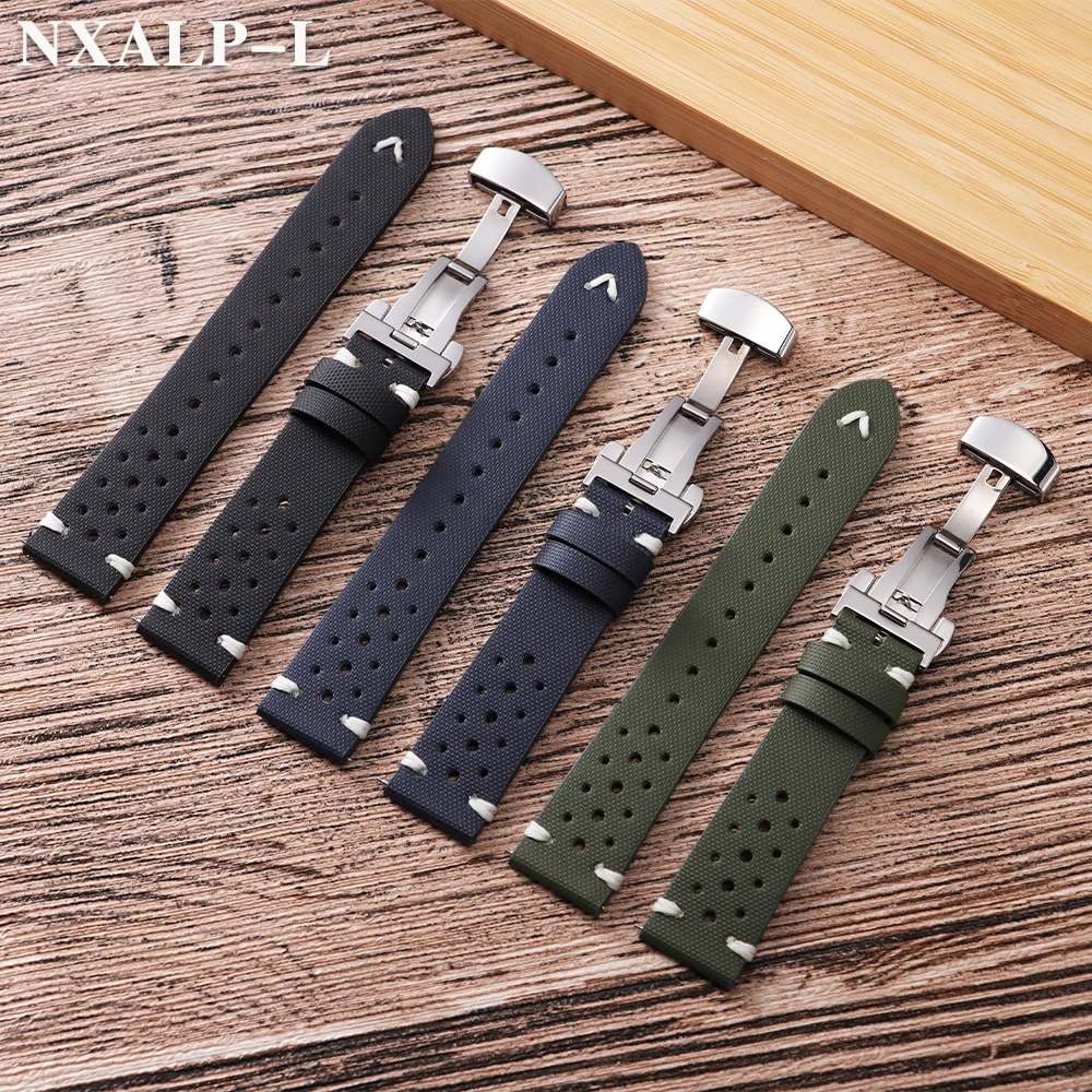 Sailcloth حزام تنفس الجلود حزام (استيك) ساعة 18 مللي متر 20 مللي متر 22 مللي متر ل أوميغا ل سايكو الأشرطة فراشة مشبك سوار الإفراج السريع