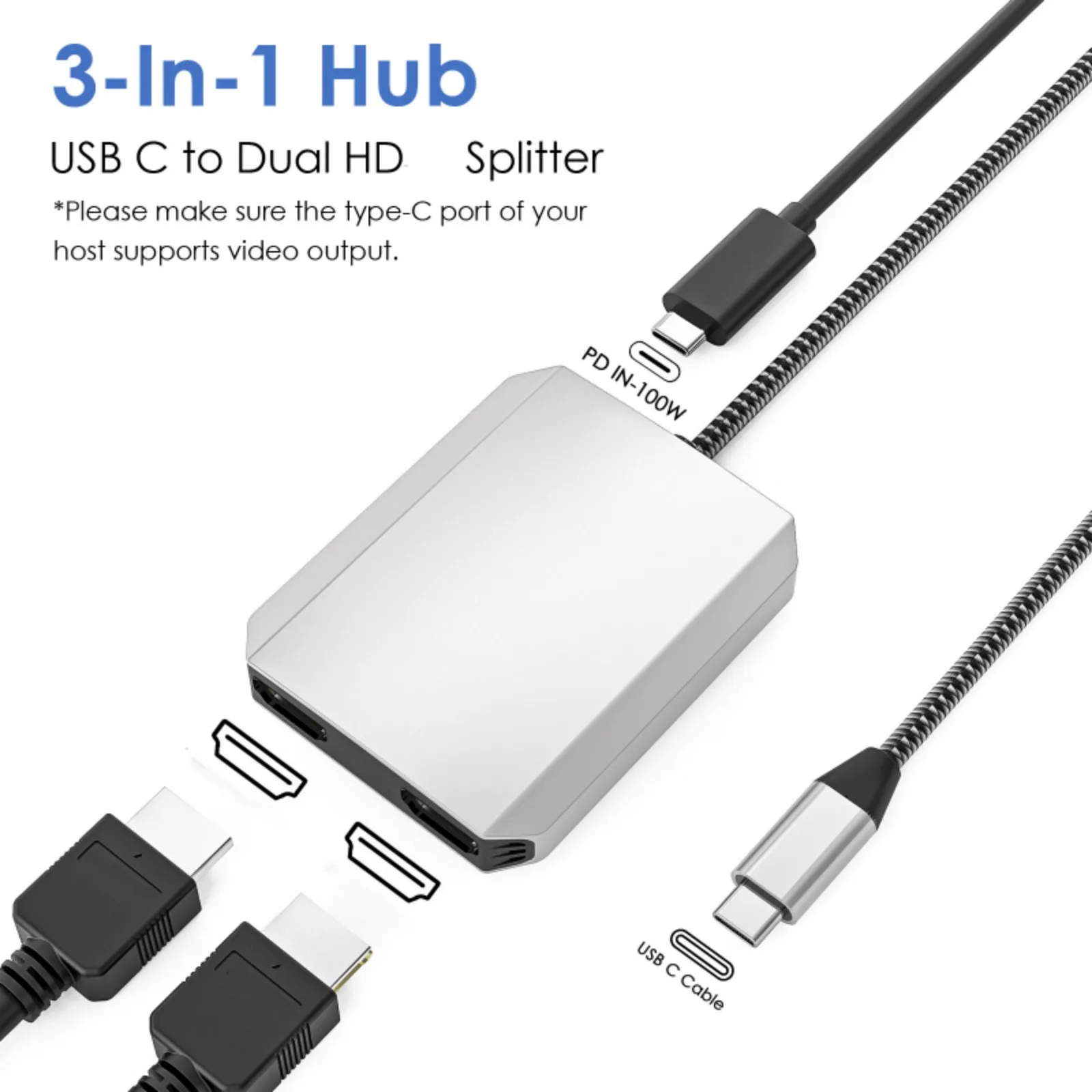 อะแดปเตอร์ HDMI 3-in-1 แบบ USB-C เป็น Dual HDMI รองรับความละเอียด 4K@60Hz พร้อมระบบจ่ายไฟ 87W สำหรับเชื่อมต่อจอภาพคู่