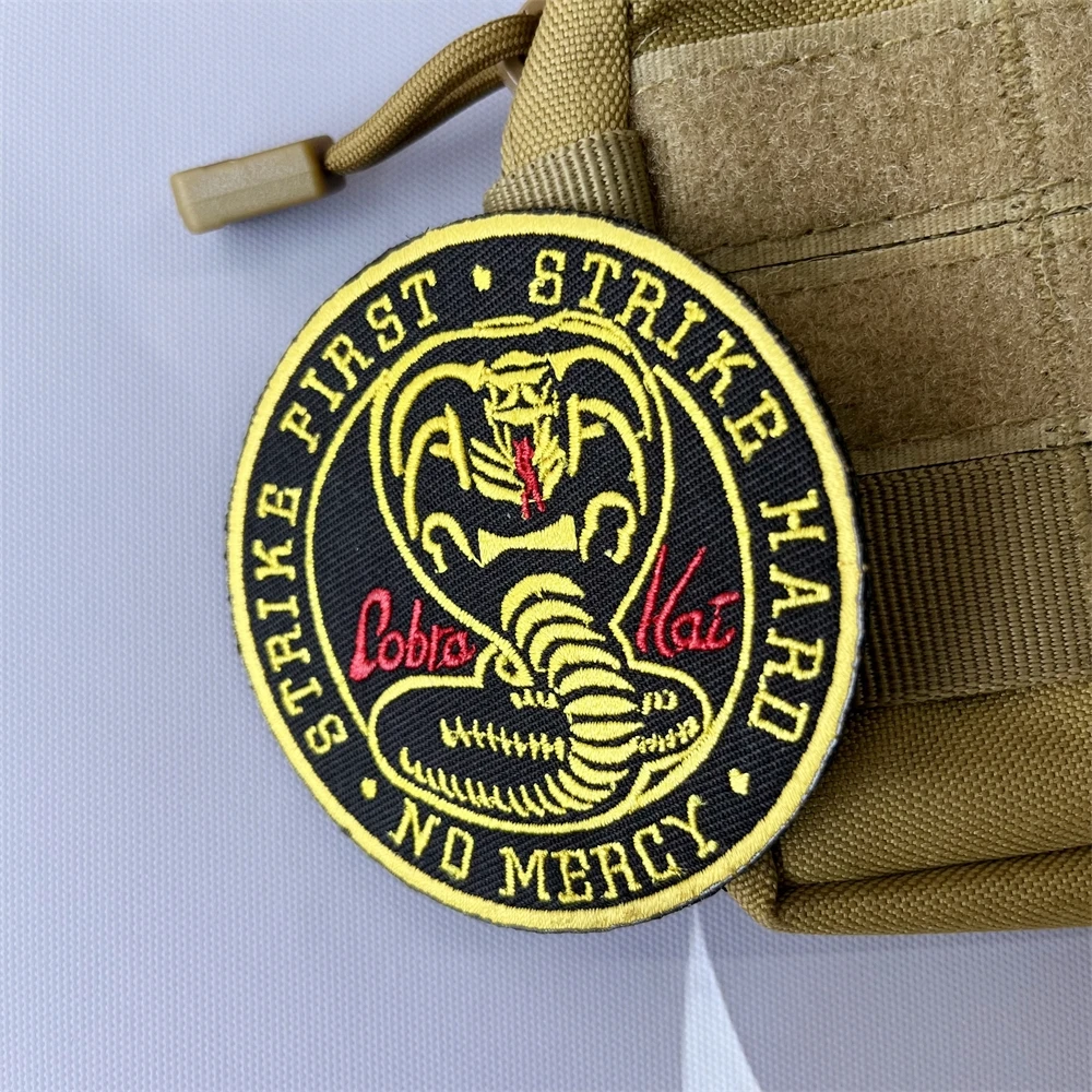 Strike First Strike Hard No Mercy Embroidered Patches Tactical Morale American Martial Arts Comedy Cobra Badge Backpack Sticker