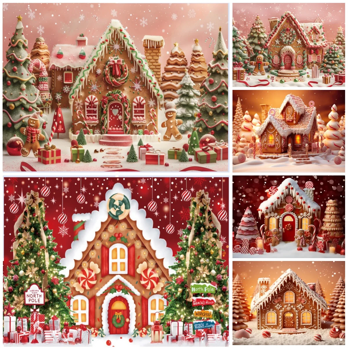 

Christmas Gingerbread House Backgrounds For Photographs Candy Cane Snowflakes Kids Birthday Decorations Photography Backdrop