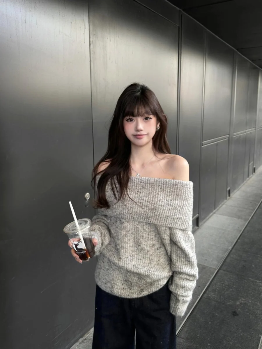 

Women Grey Pullover Knitted Sweater Harajuku Y2k Long Sleeves Slash Neck Sweater Jumper Vintage 2000s Aesthetic Clothes 2025