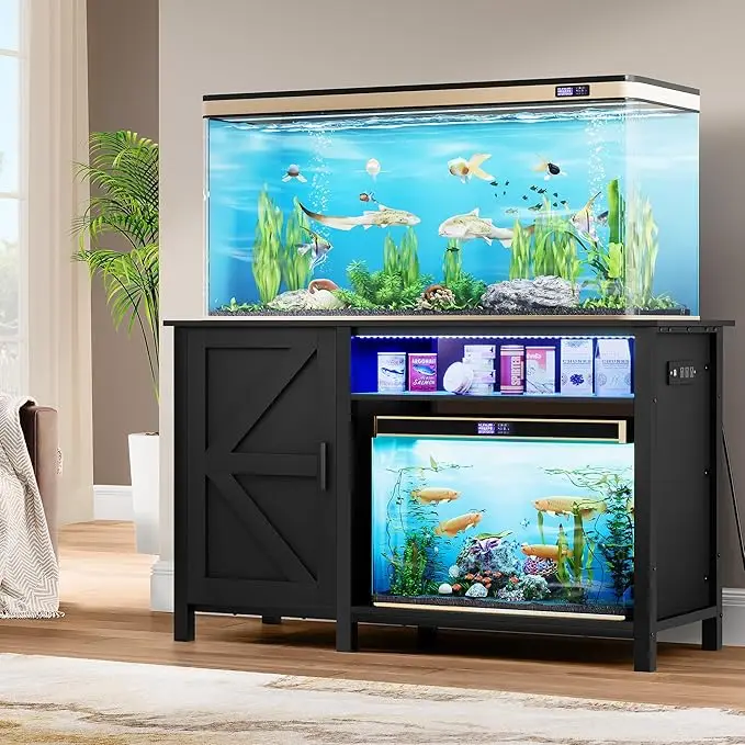 Aquarium Stand with Power Outlets, 55-75 Gallon Fish Tank Stand, Cabinet with RGB Light Strip Suitable for Turtle Tank