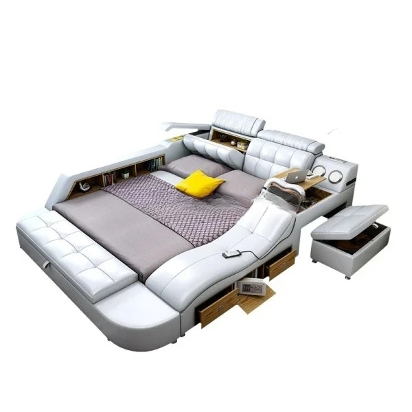 #Multifunctional Tech Smart Genuine Leather Bed with Massage Recliner, Bluetooth Speakers, USB, Bookshelves & Storage Drawers
