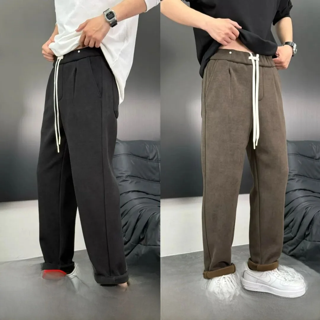 

Thiened Fce-lined Elastic Waist Men's Casual Pants Autumn Winter Warm Straight Leg Pants Faionable All-match ...