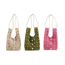 Contemporary Hollow Out Knitted Small Handbag with Beaded Chain Single Shoulder Bucket Bag Perfect for Any Occasion