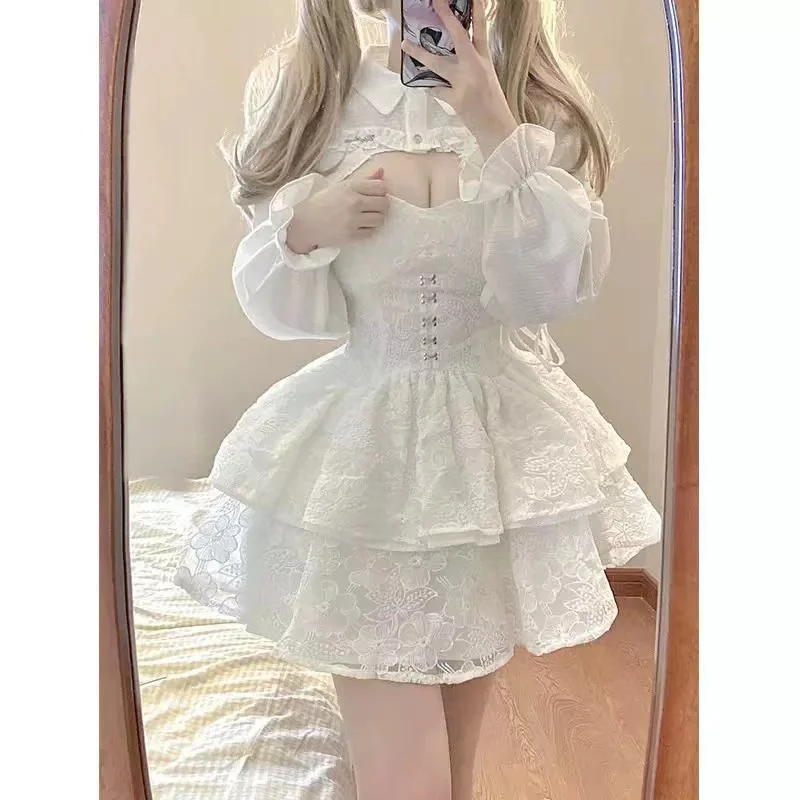 Hot Girl Lace White Kawaii Lolita Dress Woman Cascading Ruffl Long Sleeve Fairy Dress Straps Birthday Party Quinceanera Dresses