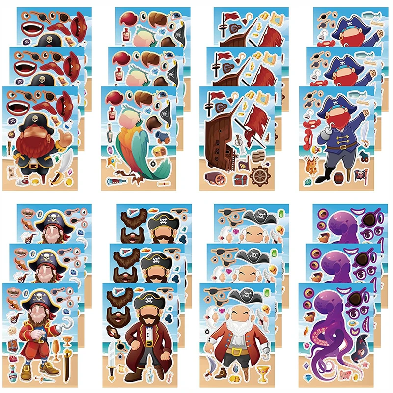 8 Design Pirate Make-a-face Stickers DIY Crafts for Kids Mixed & Matched Facial Dress Up Assemble Puzzle Sticker Montessori Toys