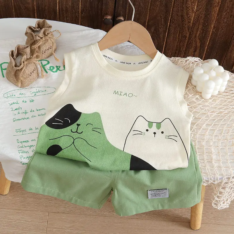 Summer Kids Clothes Suit Children Boys Cartoon Cat Vest T Shirt Shorts 2Pcs/sets Toddler Fashion Clothing Infant Tracksuits