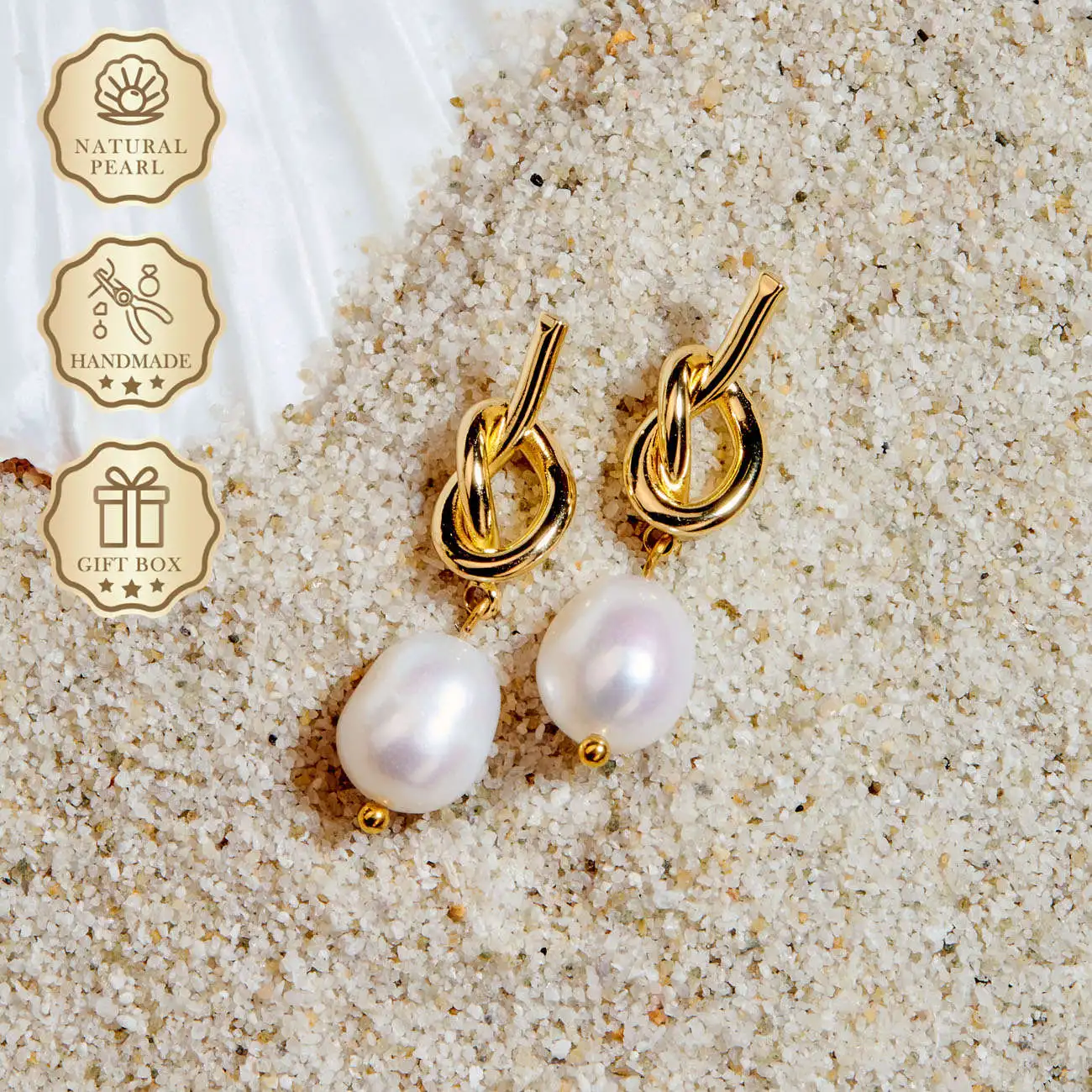 

MYSOYA White Baroque Freshwater Pearl Earrings 8–9mm with Gold Knot Design, Gift Box, Birthday & Anniversary Gift